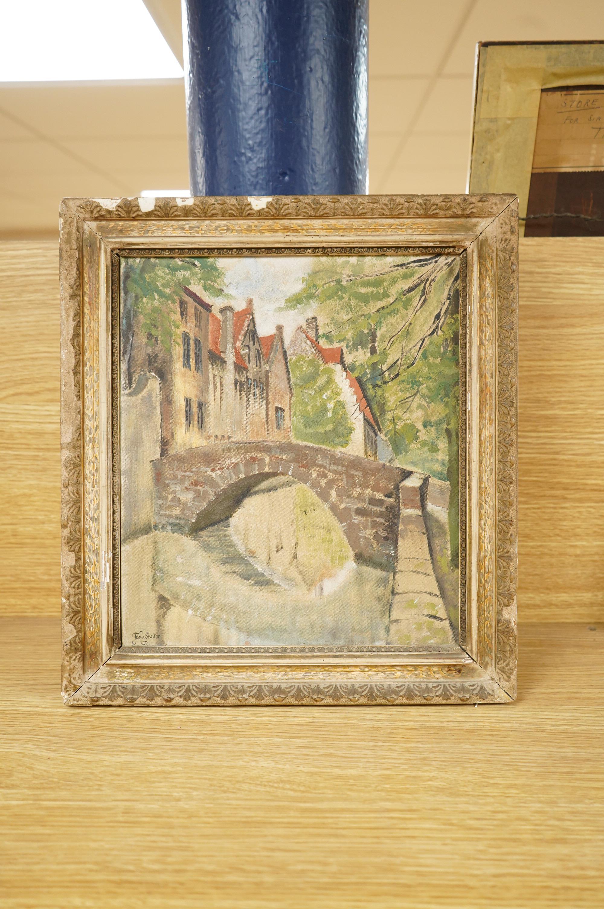 John Skelton (1925-2009), ‘Pont Du Cheval, Bruges’, signed and dated '59, oil on canvas-board, 28 x 24cm